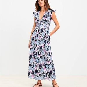 LOFT Beach Floral Ruffle Sleeve Maxi Pocket Dress